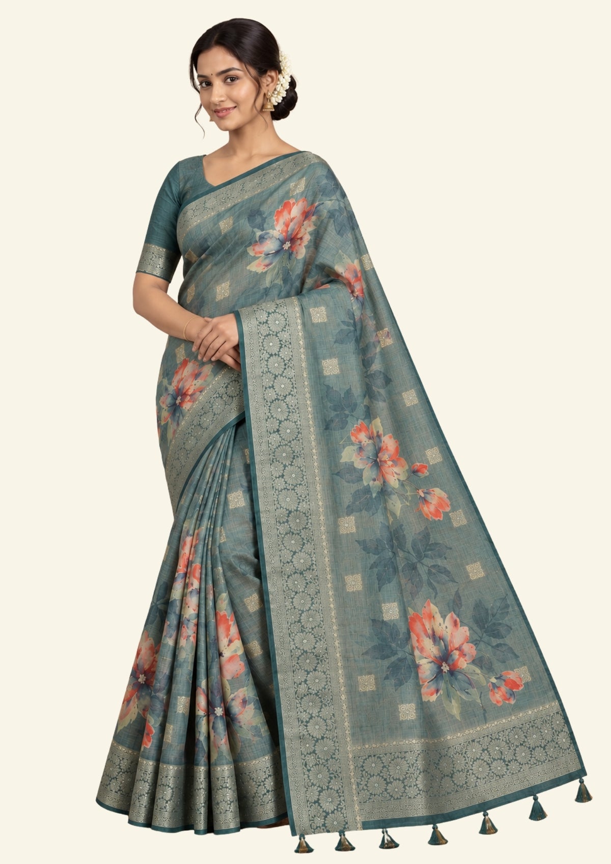 Hirakshi Silk in Teal Blue base with floral prints