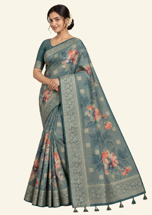 Hirakshi Silk in Teal Blue base with floral prints