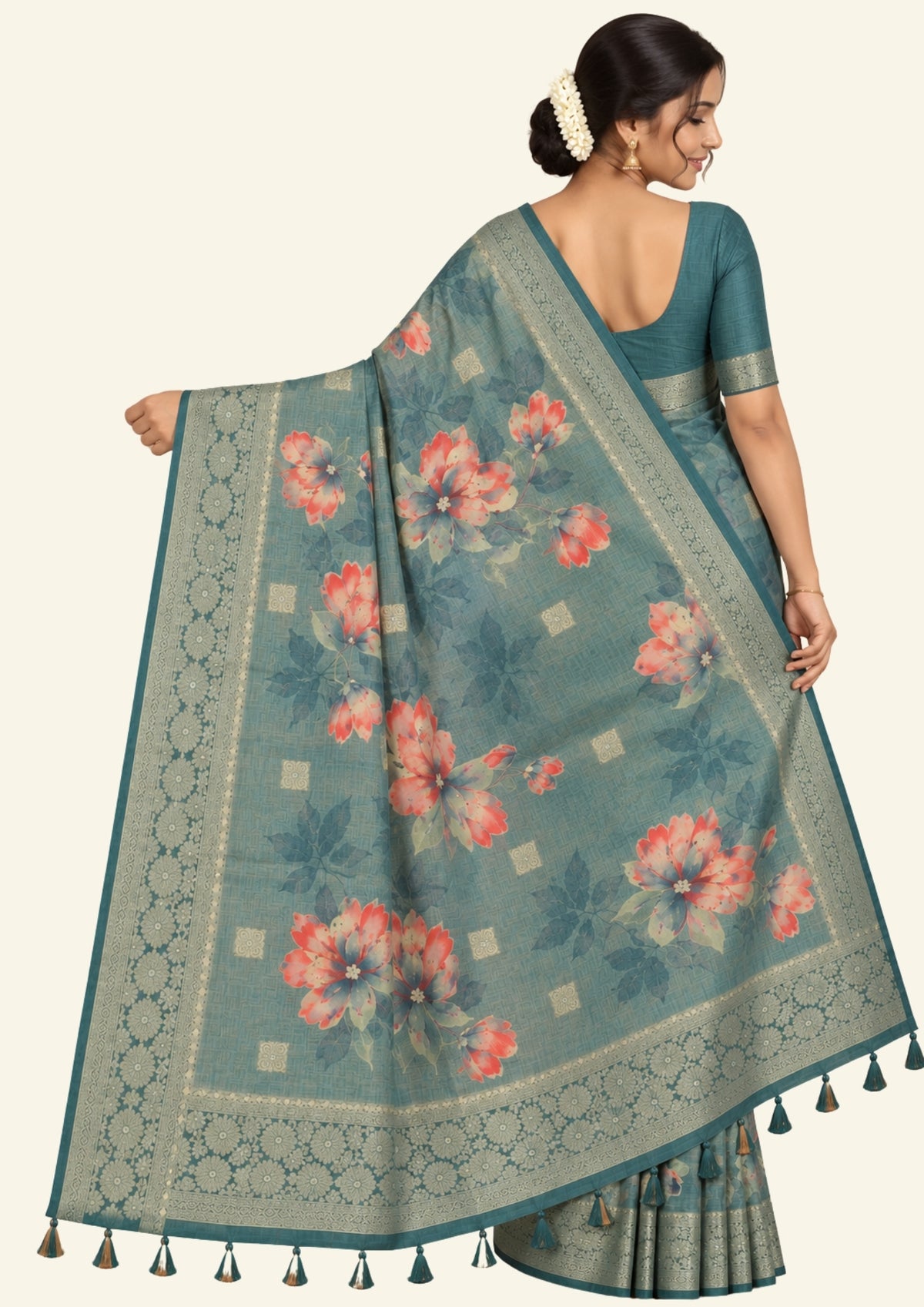 Hirakshi Silk in Teal Blue base with floral prints
