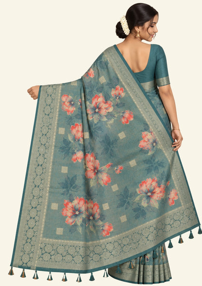 Hirakshi Silk in Teal Blue base with floral prints
