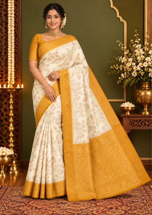 Ivory - Mustard Mahalakshmi Viscose silk saree with Floral and Zari works