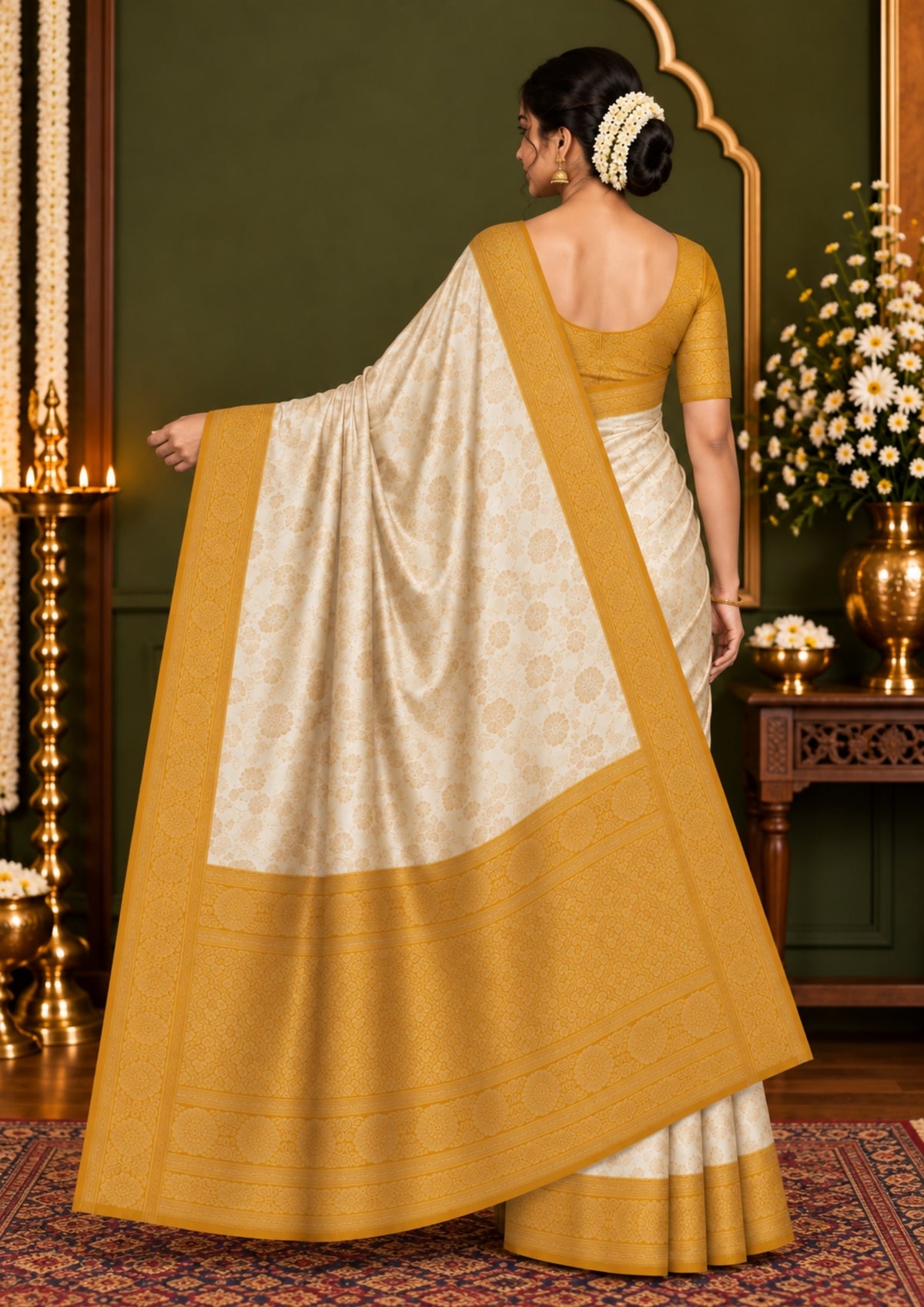Ivory - Mustard Mahalakshmi Viscose silk saree with Floral and Zari works