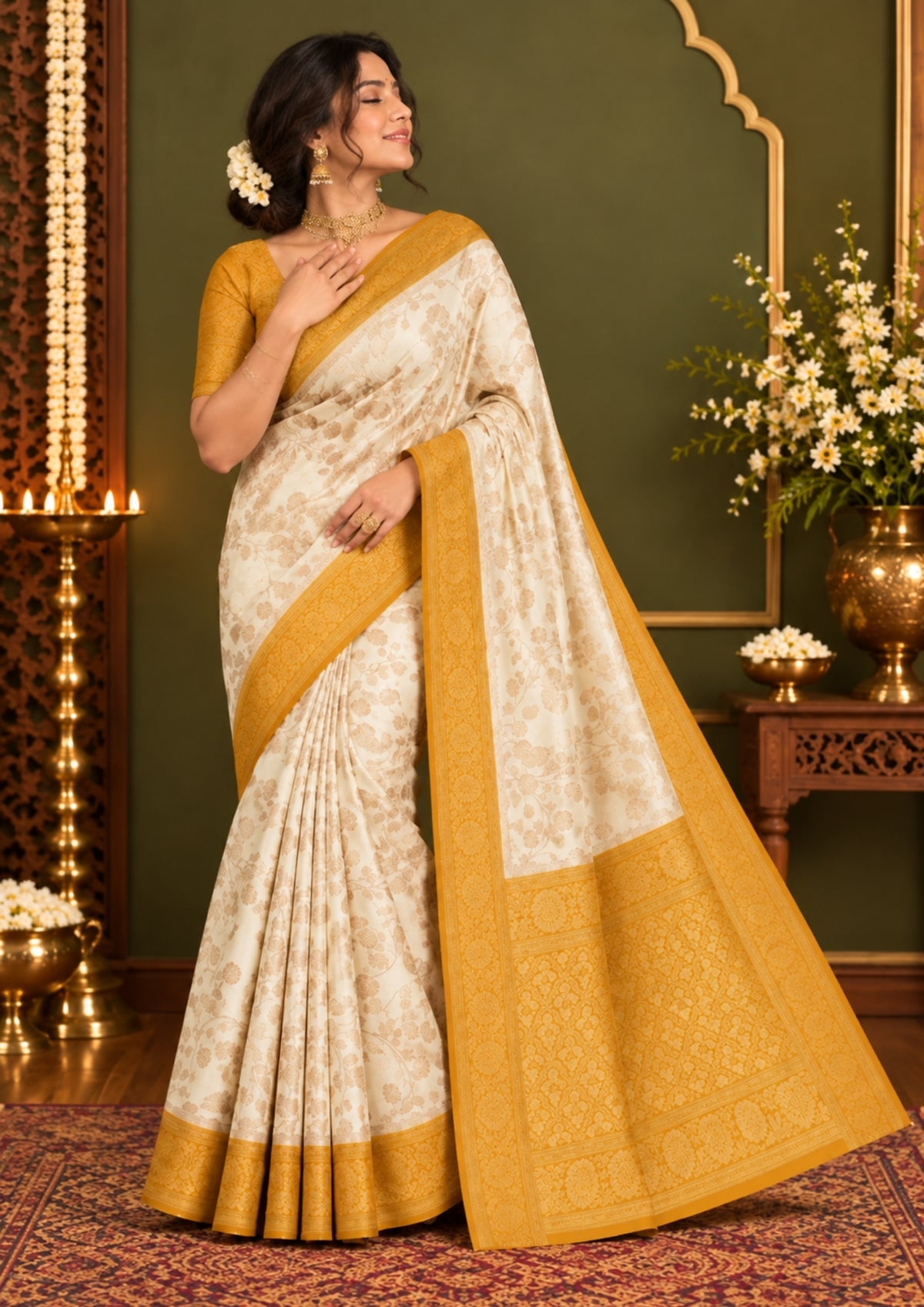 Ivory - Mustard Mahalakshmi Viscose silk saree with Floral and Zari works