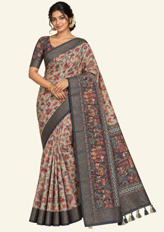 Kavya Loom in Charcoal - Grey Base with Kalamkari style prints