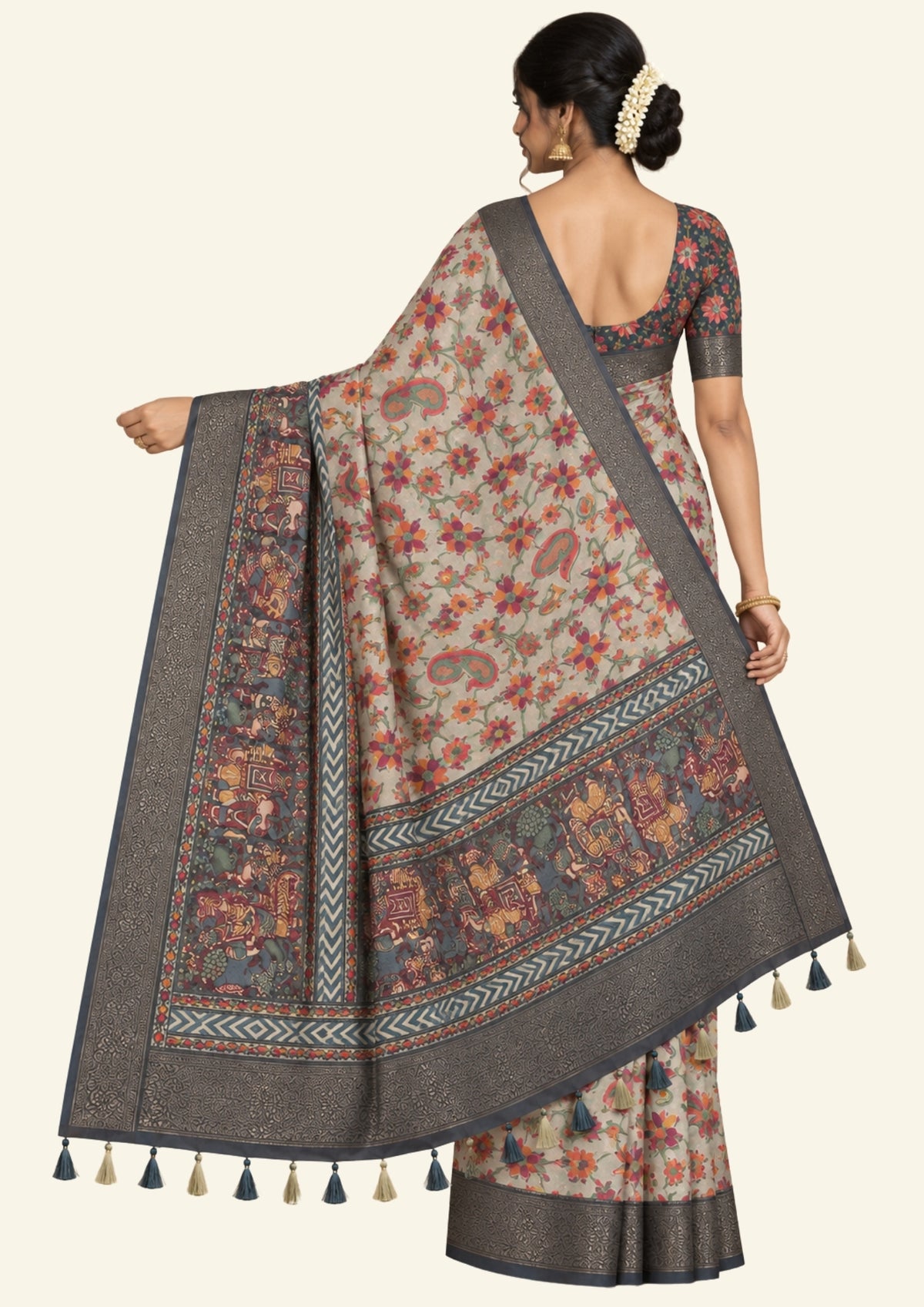 Kavya Loom in Charcoal - Grey Base with Kalamkari style prints