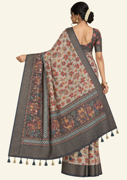 Kavya Loom in Charcoal - Grey Base with Kalamkari style prints