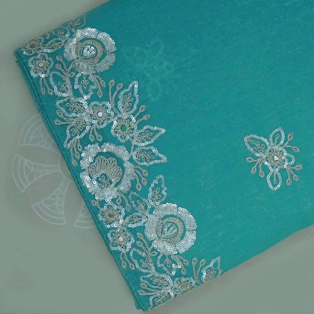 PASTEL WHISPERS - Aqua Blue Designer Chiffon Saree with Floral Buttas and Silver Zari works