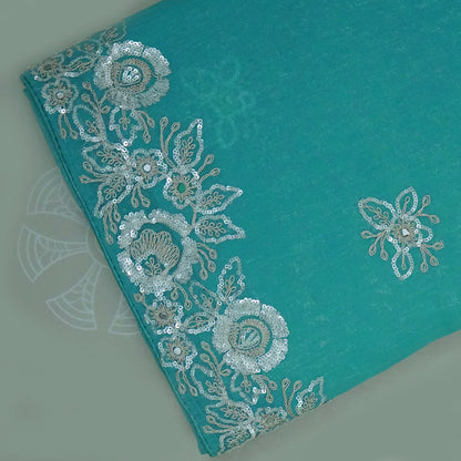 PASTEL WHISPERS - Aqua Blue Designer Chiffon Saree with Floral Buttas and Silver Zari works