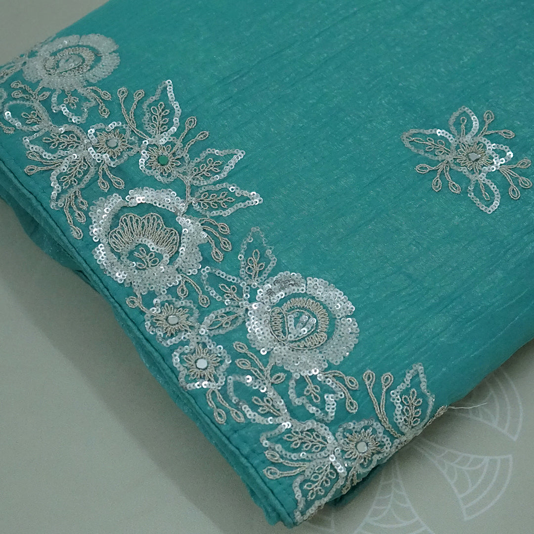 PASTEL WHISPERS - Aqua Blue Designer Chiffon Saree with Floral Buttas and Silver Zari works
