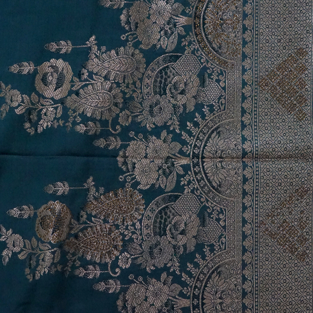 Teal Madhur Sangam silk saree with Gold Zari