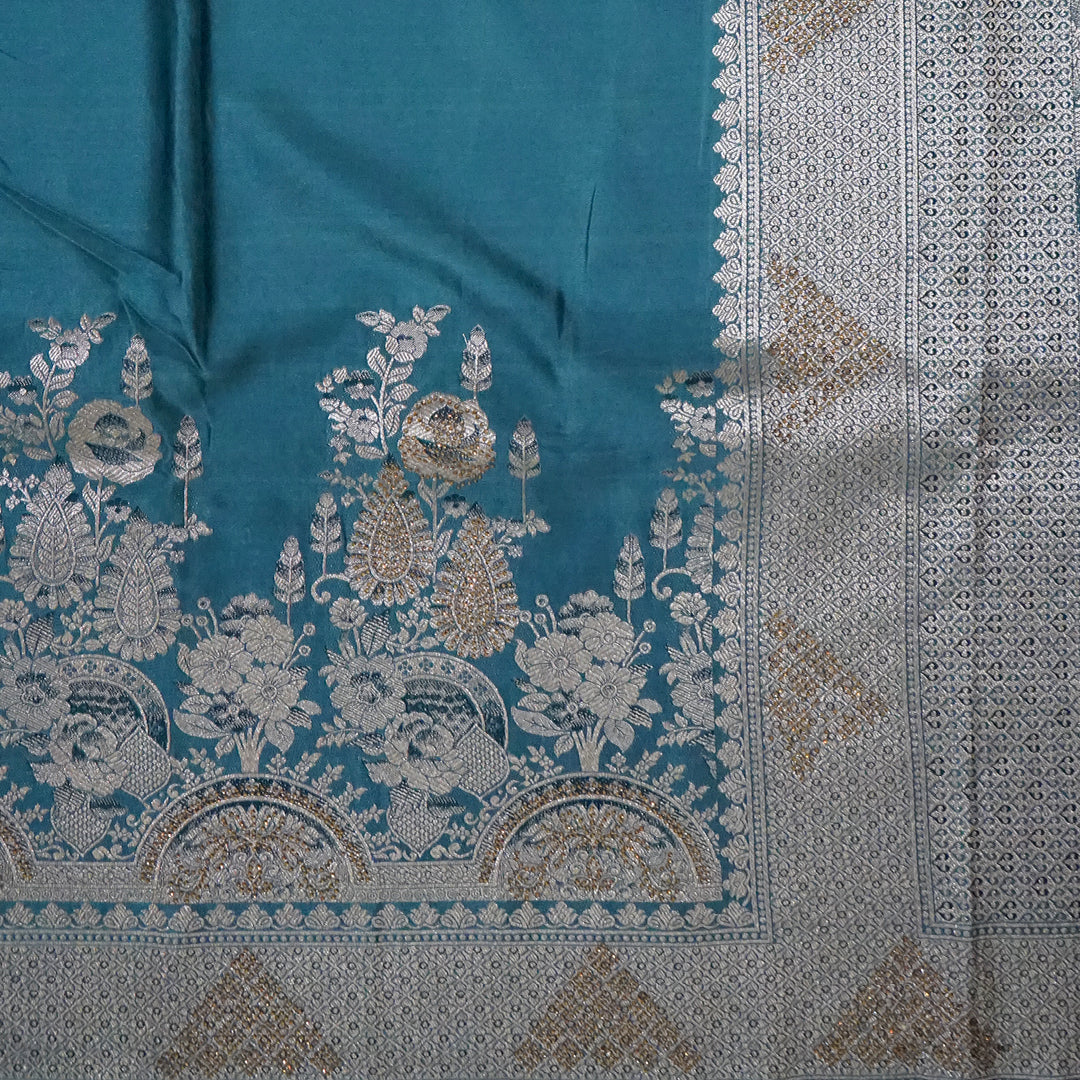 Teal Madhur Sangam silk saree with Gold Zari