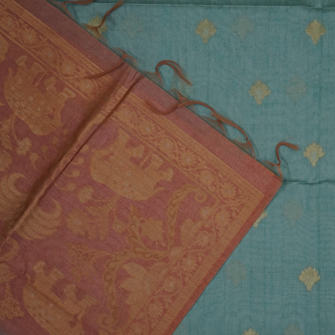 Aqua Blue Ambari Silk Tussar with Rust border