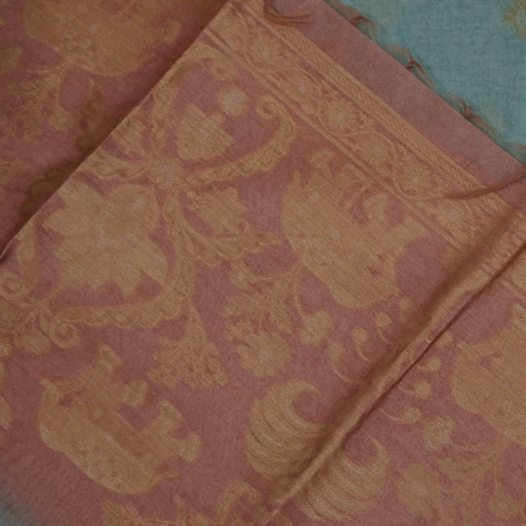 Aqua Blue Ambari Silk Tussar with Rust border