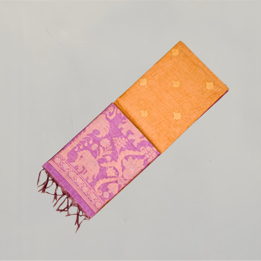 Golden Amber Ambari Silk Tussar with Dusky Mauve border and Zari works.